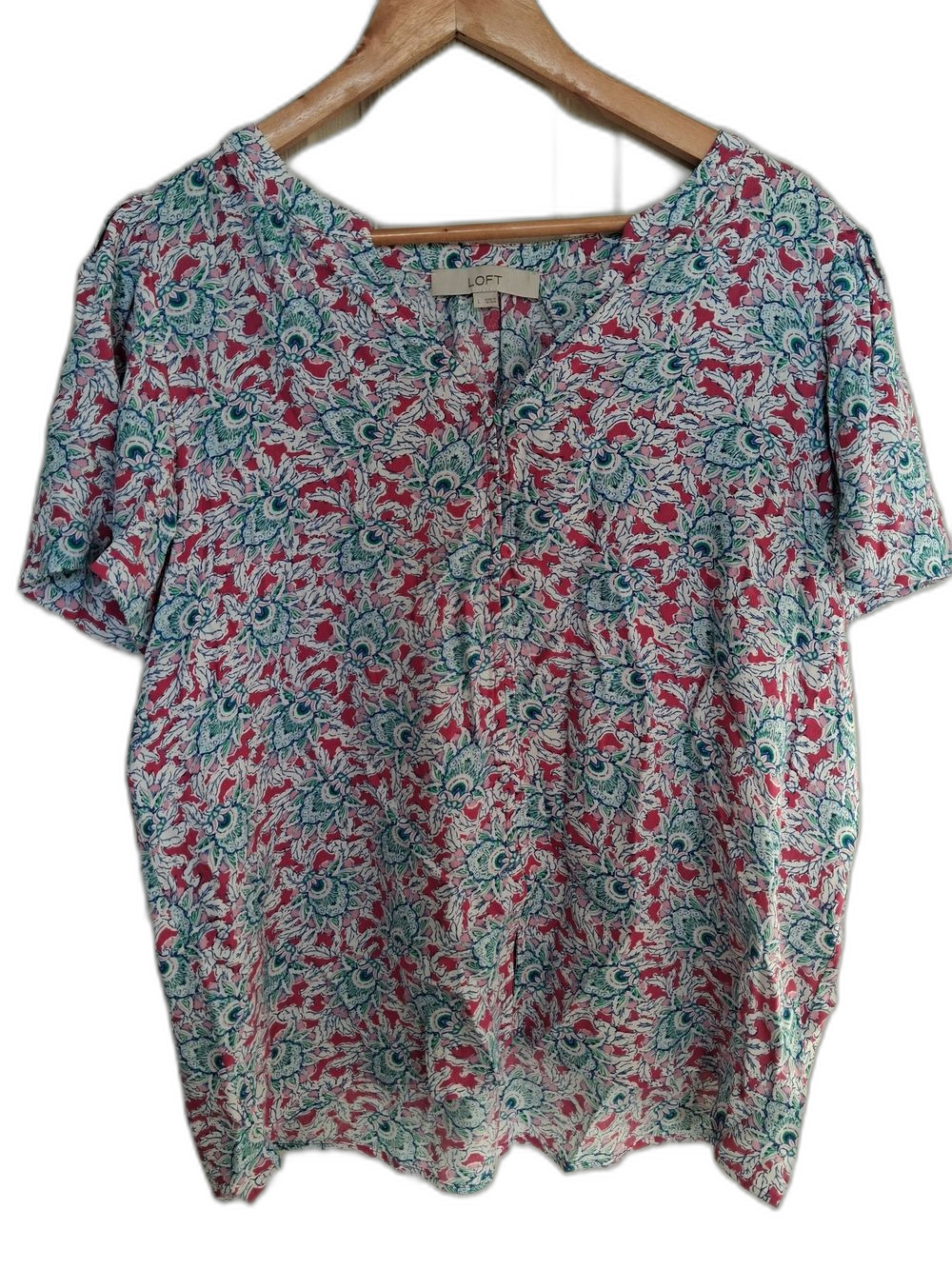 LOFT Teal Pink Floral Peacock Short Sleeve V Neck High Low Blouse Top L